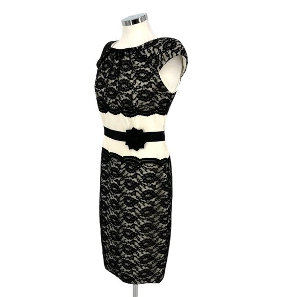 Jax Lace Sheath Dress With Cap Sleeves Floral Waist Detail Black Ivory Size 12 - Picture 6 of 12